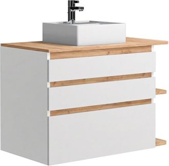 Vente-Unique Mueble de baño suspendido con lavabo - Color natural claro y blanco 94 cm - ANIDA