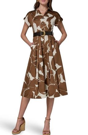 DKNY Floral Belted Stretch Cotton Midi Shirtdress in Cognac/Light Canvas at Nordstrom, Size 10
