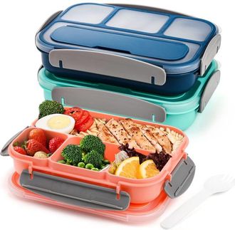OEM Juego De 3 Fiambreras Bento Con Cucharas Y 4 Compartimentos, Recipientes De Pl&aacute;stico Para Comida Con Tapa, Herm&eacute;ticos, Ideales Para Adultos, Para El T