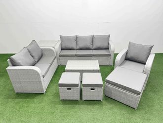 Fimous Patio PE Wicker 9 Seater Outdoor Rattan Furniture Sofa Sets w/ Rectangular Coffee Table Reclining Chair Loveseat Sofa 3 Seater Sofa Stool Side