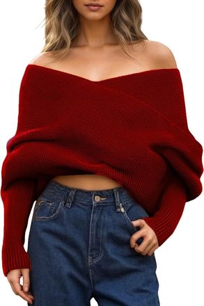 Generic Womens Knitted Jumpers Off Shoulder Sweater Scarf Soft Comfort Warmth Pullover Sweaters Ladies Spring Autumn Winter Fitted Jumpers for Women Classic P