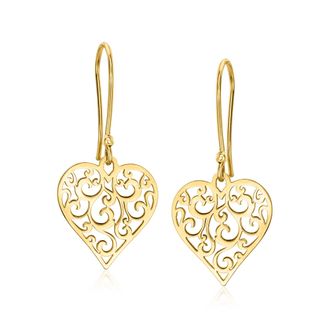 Ross-Simons Italian 14kt Yellow Gold Filigree Heart Drop Earrings
