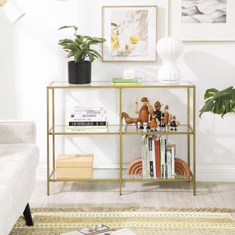 Vasagle Console Coffee Table with 3 Glass Shelves Steel Frame Modern in Gold