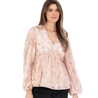 Lovedrobe Womens Ladies Peplum Top Long Sleeve V-Neckline Gold Foiled Floral Jacquard Gathered Waist Ruffle Frill Blouse Pale Pink 18