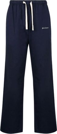 Palm Angels Geborduurde Logo Broek - Heren - Wijde Broeken - Blauw - L - Katoen - Broeken