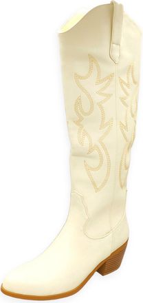 Generic Womens Pull on Knee High Boots with Embroidery Stitched Block Heel Long Boots Round Toe Western Cowboy Boot,Beige Single Lining,3.5 UK