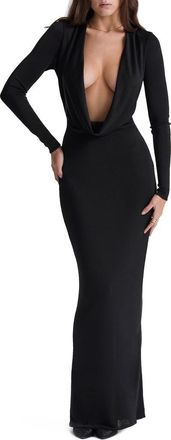House of CB Saskia Plunge Long Sleeve Jersey Gown in Black at Nordstrom, Size X-Small