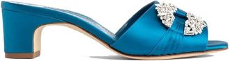 Manolo Blahnik Heeled Mules, female, Blue, Size: 6 1/2 US Blue Slip-On Satin Mules Shoes