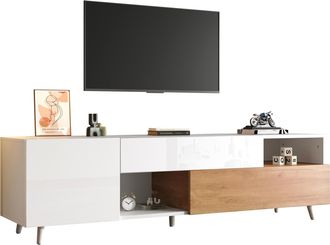 STILVORA Mueble De Tv Con 2 Puertas, 1 Caj&oacute;n Y 2 Nichos, Frontal Blanco Brillo, Estilo Moderno, 180&times;38&times;50 Cm, Blanco Y Madera