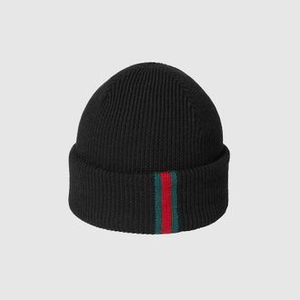 Gucci Wool Hat With Web, Size L, Black, Wool