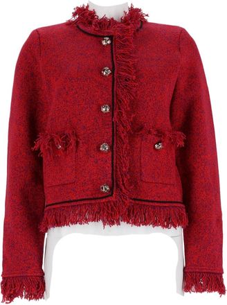 Self Portrait Red Cropped Fringed Trim Wool-Blend Jacket