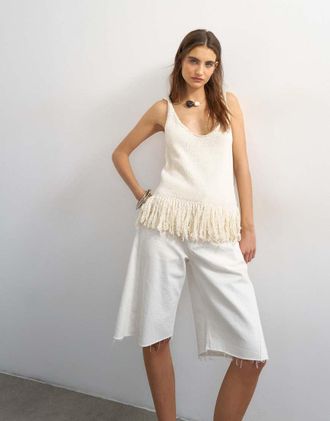 Topshop Top in maglia &eacute;cru con frange-Multi