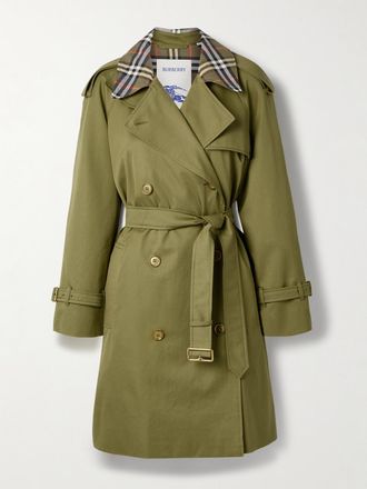 Burberry Trench Doppiopetto In Twill Di Cotone Con Cintura - Verde