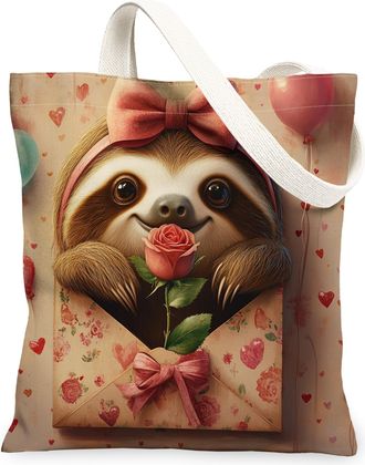 Generic Valentines Day Sloth Canvas Tote Bag for Shopping 13x15, Love Letter Animal Lover Reusable Grocery Print Pattern Bag for Women, Holiday Beach Aestheti