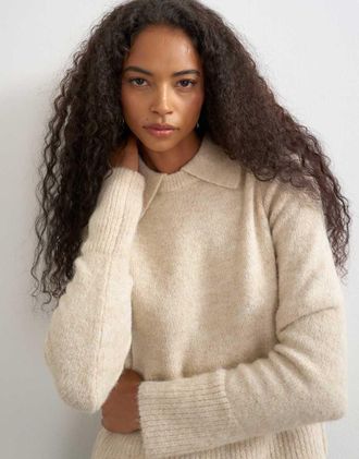 Topshop maglione polo con peplo in oat-Neutro