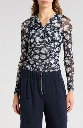 Cinq &agrave; Sept Aniya Floral Mesh Top in Navy/Ivory at Nordstrom Rack, Size X-Small