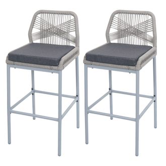 Hhg Juego De 2 Taburetes De Bar De Cuerda Hhg 988, Asiento Exterior De Mimbre De Cuerda De Metal, Gris Claro, Coj&iacute;n Gris Oscuro