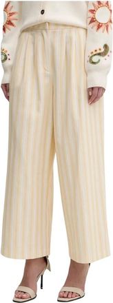 Never Fully Dressed Gestreepte Pantalon met Plooien - Dames - Wijde Broeken - Geel - L - Katoen - Broeken