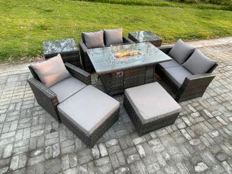 Fimous 7 Seater Rattan Outdoor Garden Furniture Gas Fire Pit Table Sets Gas Heater with Love Sofa Armchair 2 Big Footstool 2 Side Tables in Dark Grey