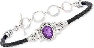Ross-Simons Amethyst and Black Leather Toggle Bracelet in Sterling Silver