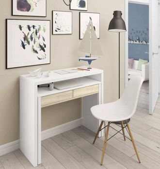 Dmora Dmora - Mesa Consola Damodi, Escritorio Con Tapa Extensible, Escritorio Para Pc Con 2 Cajones, 99x36h88 Cm, Blanco Y Roble