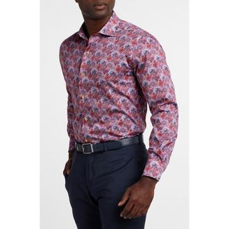 David Donahue Floral Print Sport Shirt in Pink/Merlot at Nordstrom, Size Xx-Large