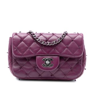 Chanel Pre-owned Womens Extra Mini Rectangular Lambskin Beaded Single Flap - Purple Leather - One Size