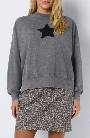 Noisy May Robin Star Appliqu&eacute; Cotton Sweatshirt in Charcoal Gray Detail Washed at Nordstrom Rack, Size Large