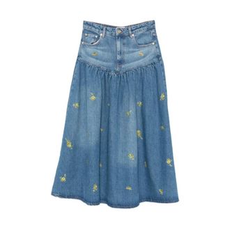 Ganni Lange denim rok met bloemenprint - Dames - Rokken - Blauw - Maat: XS Denim