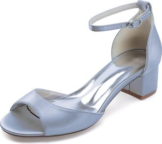 Generic Heels Wedding Shoes Block Heel Bridal Satin Open Toe Low Heels Sandals Prom Evening Formal Party Shoes 4.5Cm,Silver,10 UK