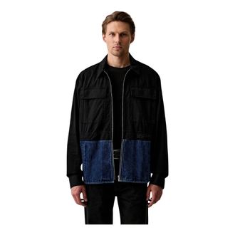 Karl Lagerfeld Jassen, Heren, Zwart, M, Katoen, Gemengd paneel overhemdjack met rits
