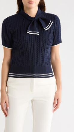 Nanette Lepore Tie Neck Short Sleeve Cable Knit Sweater in Navy at Nordstrom Rack, Size X-Large
