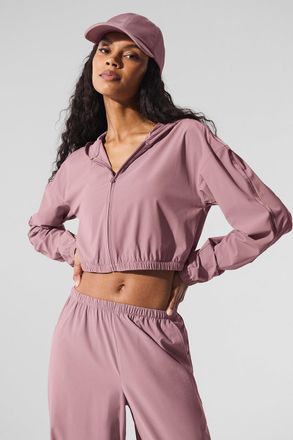 Alo | Cropped Breezy Full-Zip Hoodie in Smoky Quartz Brown, Size: Medium