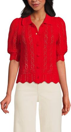 Lands End Lace Pointelle Puff Sleeve Cardigan Sweater in Coral Red at Nordstrom, Size Large