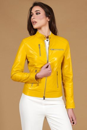 D'Arienzo Giacca biker in pelle naturale gialla effetto liscio DArienzo, Seleziona Taglia XS, Colore Giallo