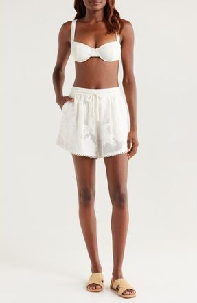 Farm Rio Floral Embroidery Cotton Blend Cover-Up Shorts in White at Nordstrom, Size X-Large