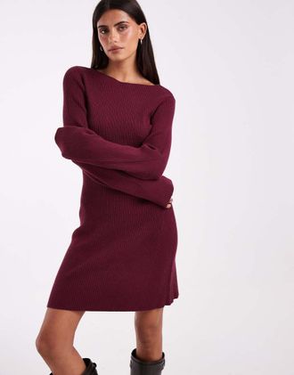 Vero Moda vestito mini lavorato a maglia con maniche lunghe e scollo a barchetta bordeaux-Rosso