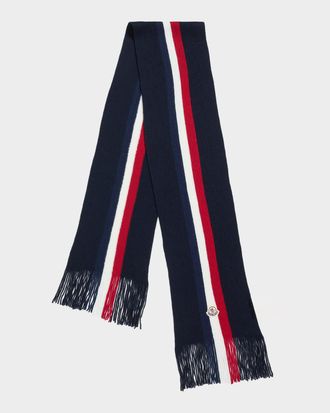 Moncler Men & apos;s Wool Tricolor Stripe Fringe Scarf