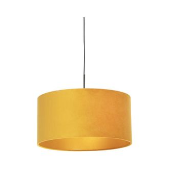 QAZQA R&uacute;stico L&aacute;mpara Colgante Negra Con Pantalla De Terciopelo Amarillo Con Dorado 50 Cm - Combi Textil /acero Cil&iacute;ndra /alargada /redonda Adecuado Para Le