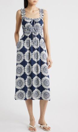 ZOE AND CLAIRE Shirred Bodice Midi Sundress in Navy at Nordstrom, Size X-Large