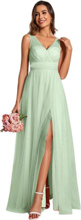Ever-pretty Women Dress Maxi Bridesmaid Dress Sparkle Tulle Sleeveless with Double V and High Slit High Waist Design Long Evening Dress Mint Green 10UK