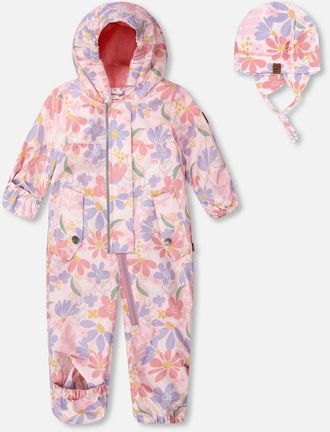 Deux par Deux Baby Mid-Season One-Piece Flower Print Outerwear with Hat in Pink Flower Print at Nordstrom, Size 18M