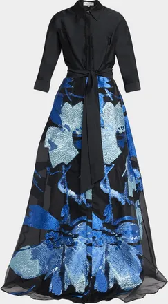 Teri Jon Taffeta and Floral Jacquard Organza Shirt Gown