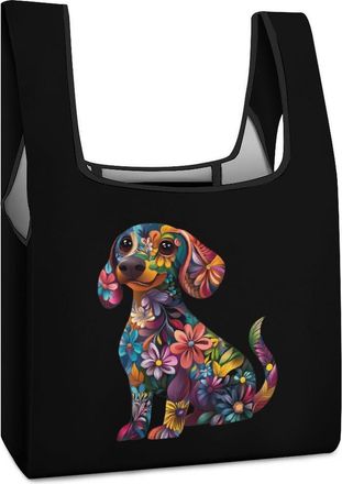 Generic Dachshund Flower Funny Dog Shopping Bag Reusable Grocery Tote Bag Foldable Handbag for Travel Picnic