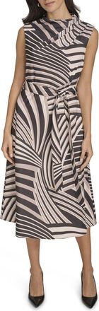 Calvin Klein Womens Satin Sleeveless Geometric Aline Midi Dress, Blk Oyster Multi, 12
