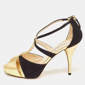 Oscar De La Renta Oscar De La Renta Gold/black Leather And Suede Ankle Strap Sandals
