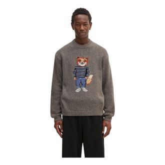 Maison Kitsun&eacute; Maglione in lana con volpe intarsiata a girocollo - - Knitwear - Uomo - Marrone - L