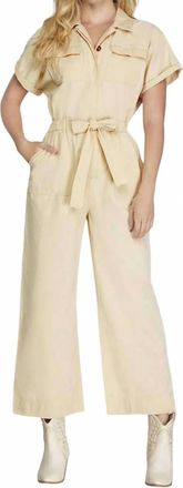 She + Sky Short Sleeve Button Front Jumpsuit In Ecru