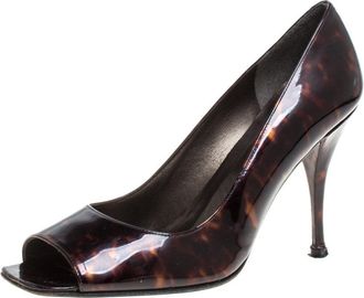 Stuart Weitzman Brown Patent Leather Peep Toe Pumps