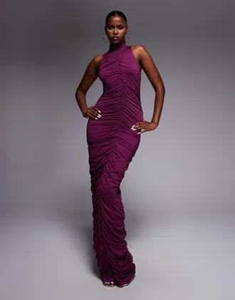 Aria Cove Vestito lungo doppio strato aderente e accollato color prugna con intreccio sul davanti e cut-out-Viola